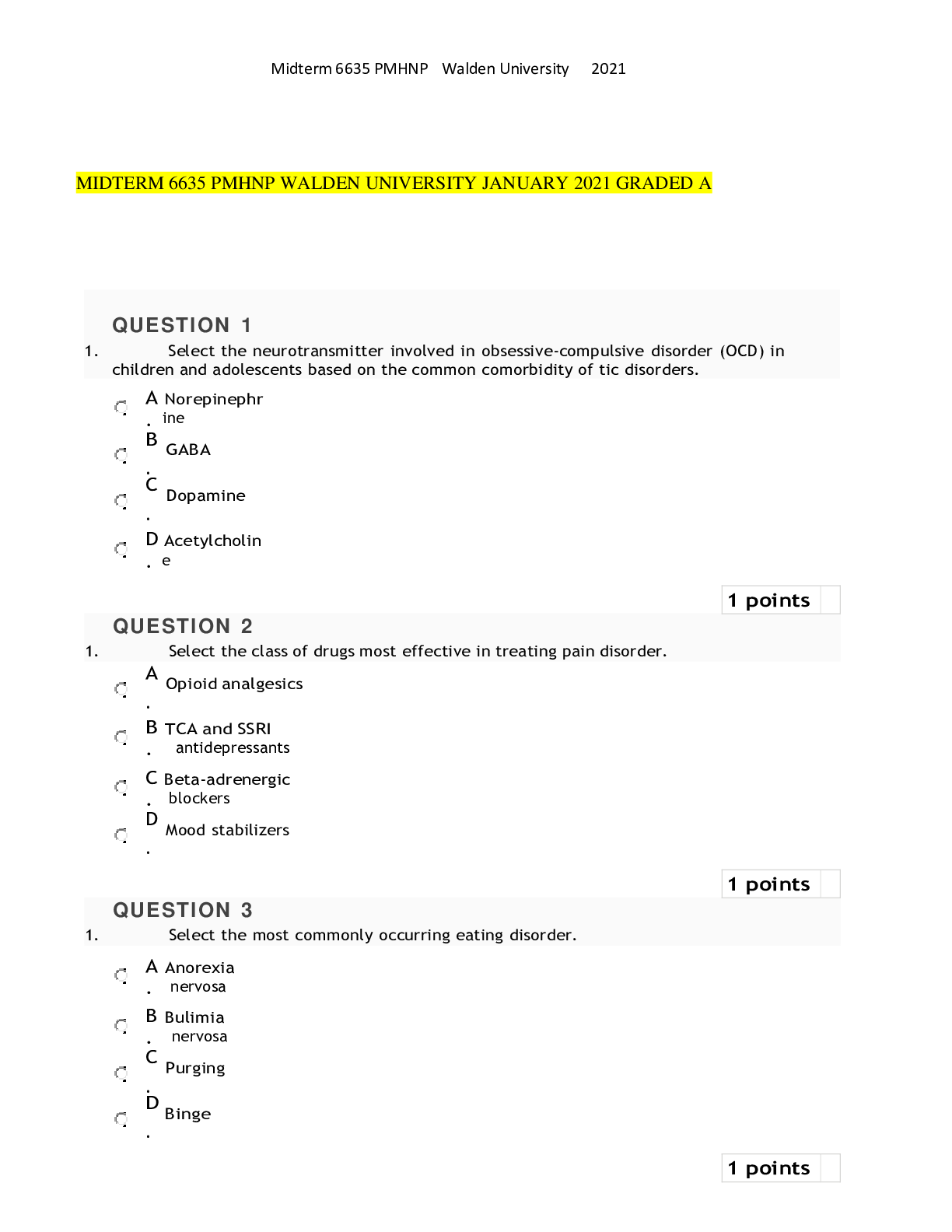 Preview image for MIDTERM 6635 PMHNP WALDEN UNIVERSITY JANUARY 2021 GRADED A